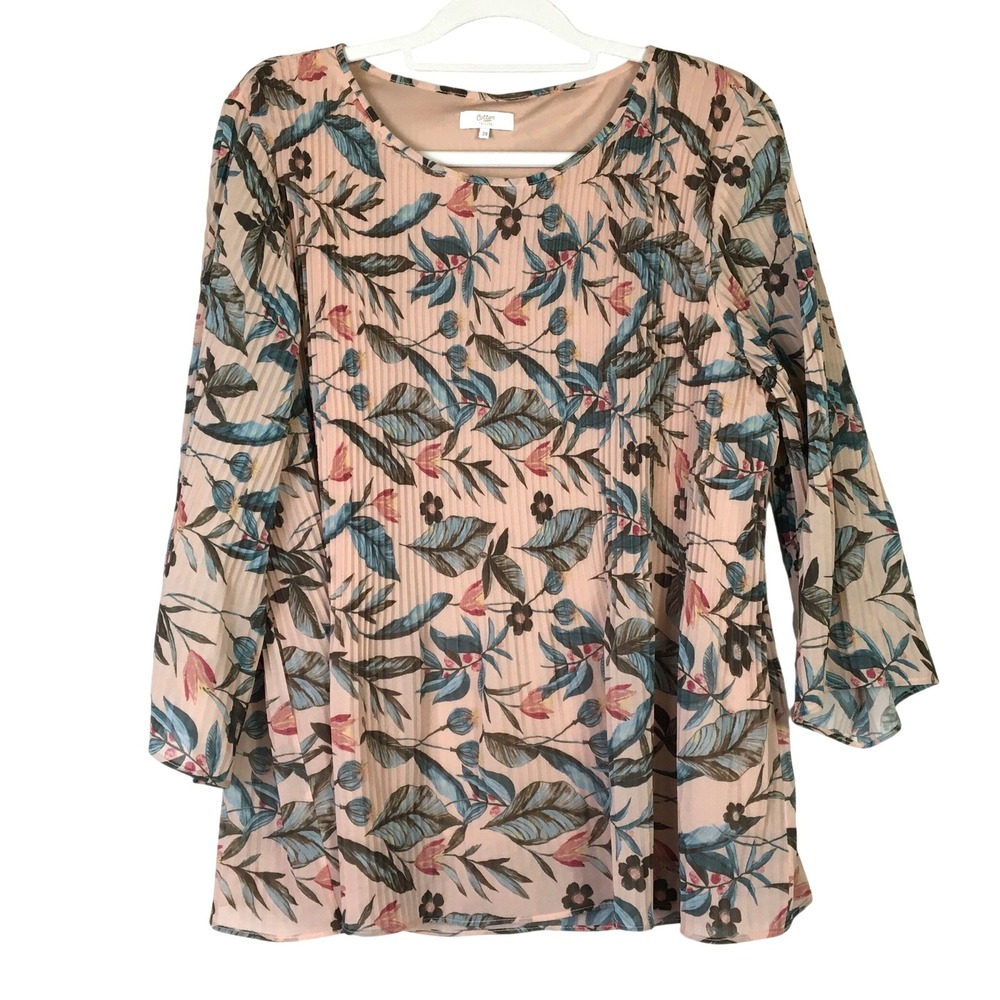 Cotton Traders Floral Pleated‎ Bell Sleeve Blouse Womens 16 Peach Top